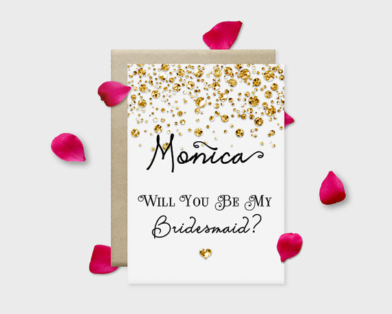 Hochzeit - Will you be my bridesmaid? Printable Proposal Card, Confetti Glitters: Gold, Silver, Pink or Blue, 5x7" - Digital File, DIY Print