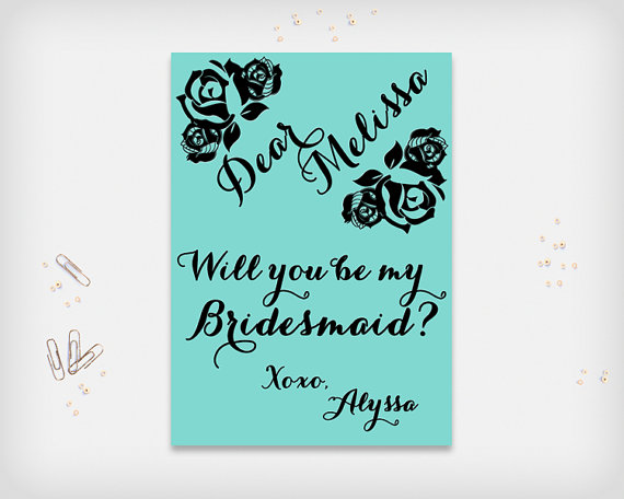 Hochzeit - Will you be my bridesmaid? Printable Proposal Card, Turquoise with Black Rose Design, 5x7" - Digital File, DIY Print