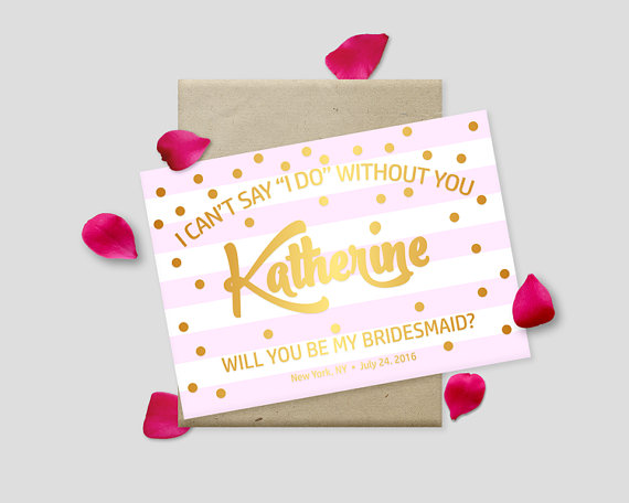 Hochzeit - Printable Proposal Cards, Gold Polkadots on Striped Background, 7x5" - Will you be my bridesmaid? Maid of Honor? - Digital File, DIY Print