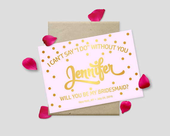 Hochzeit - Printable Proposal Cards, Gold Polkadots on Pink Background, 7x5" - Will you be my bridesmaid? Maid of Honor? - Digital File, DIY Print