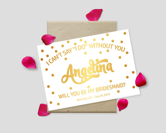 Wedding - Printable Proposal Cards, Gold Polkadots on White Background, 7x5" - Will you be my bridesmaid? Maid of Honor? - Digital File, DIY Print