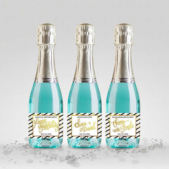 Свадьба - Custom Champagne Bottle Labels, Black-White-Gold, Full or Mini Labels - Bridal Shower, Wedding, Anniversary etc. - DIY Print, Printable PDF