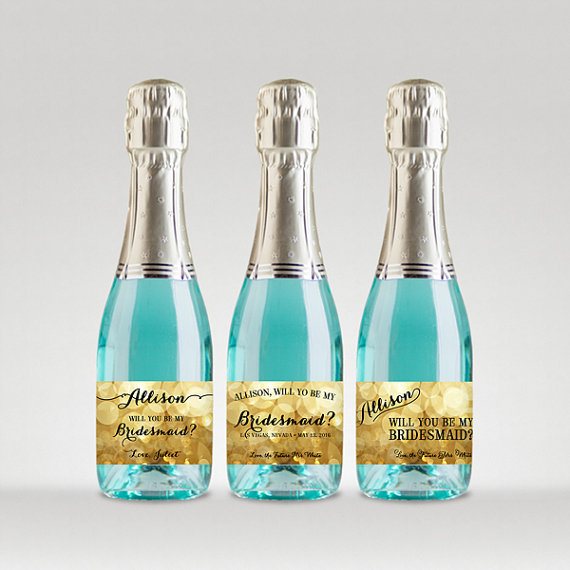 زفاف - Will You Be My Bridesmaid? Customized Champagne Bottle Labels, Ask Bridesmaid - Sparkle Gold, Full or Mini Labels - Printable PDF
