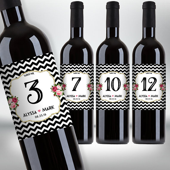 Hochzeit - Customized Wine Bottle Table Numbers, Black & White Chevron Wine Labels - Wedding, Anniversary, Engagement Party etc. - Printable PDF