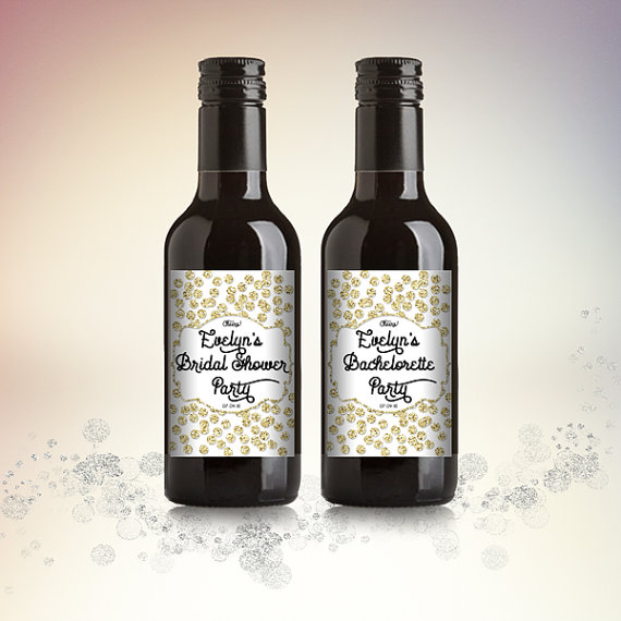 Свадьба - Bridal Shower Mini Wine Bottle Labels, Customized Party Favors - Gold Glitter Polka Dots, Mini Wine Labels - DIY Print, Printable PDF