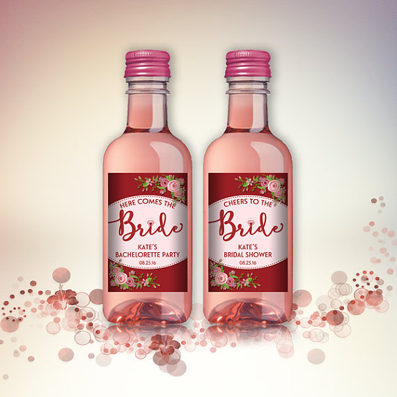 زفاف - Bridal Shower Party Favor Mini Wine Bottle Labels, Customized - Pink Flowers Mini Wine Labels - DIY Print, Printable PDF