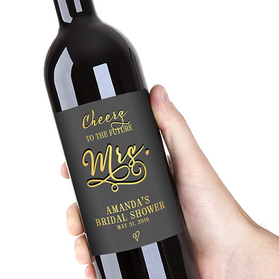 زفاف - Bridal Shower Party Wine Bottle Labels, Customized - Cheers to the future Mrs. - Graphite and Gold - DIY Print, Printable PDF