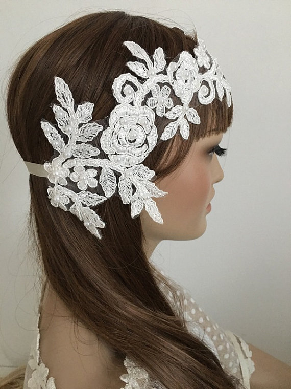 Wedding - Bridal Lace Headband, Floral Wedding Headpiece, Bridal headband, Ivory pearl headband, Lace hair, Wedding Hair, Bridal Hair, Accessories