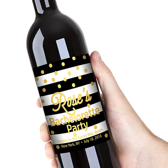 Wedding - Bachelorette Party Wine Bottle Labels, Customized - Bridal Shower, Black-White Stripes & Gold Dots - DIY Print, Printable PDF