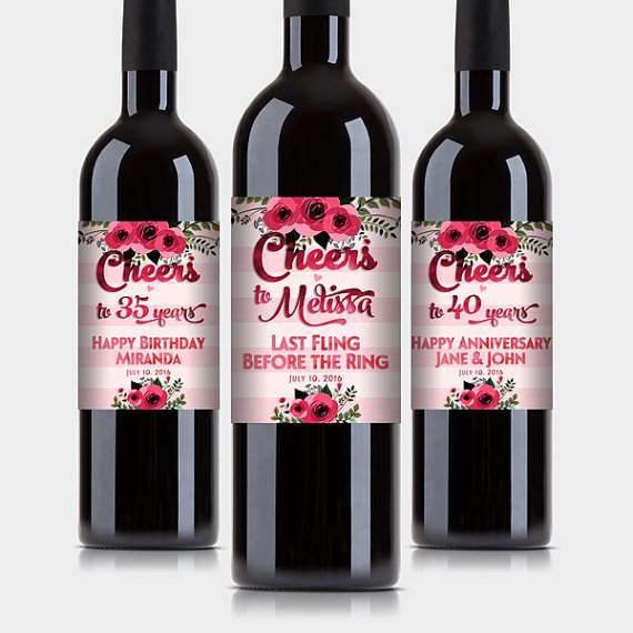 Hochzeit - Decorative Rose Wine Bottle Labels, Customized - Bridal Shower, Birthday, Anniversary Party - DIY Print, Printable PDF
