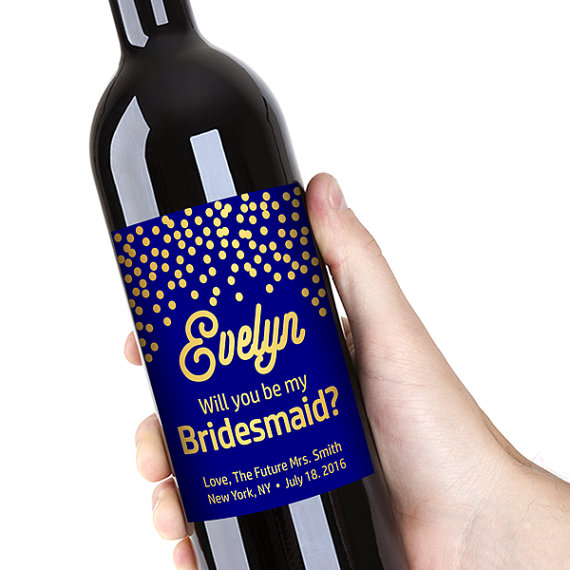 Mariage - Will You Be My Bridesmaid? Maid of Honor etc., Wine Label Proposal, Customized Wine Bottle Labels - Navy & Gold - Printable PDF