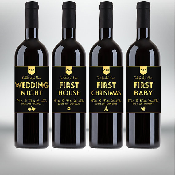 Свадьба - Custom "First" Marriage Milestones, Wine Bottle Label Set - Newlyweds Gift - Engagements, Bridal Showers - Black & Gold - Printable PDF