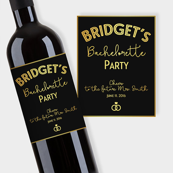 Hochzeit - Bridal Shower Party Wine Bottle Labels, Customized - Bachelorette Party - Black & Gold Wine Labels - DIY Print, Printable PDF