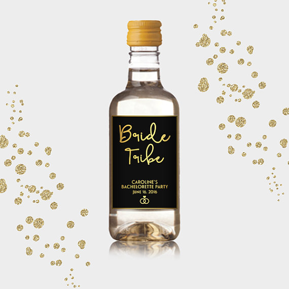 Hochzeit - Bride Tribe Mini Wine Bottle Labels, Customized Party Favors - Gold & Black, Mini Wine Labels - DIY Print, Printable PDF