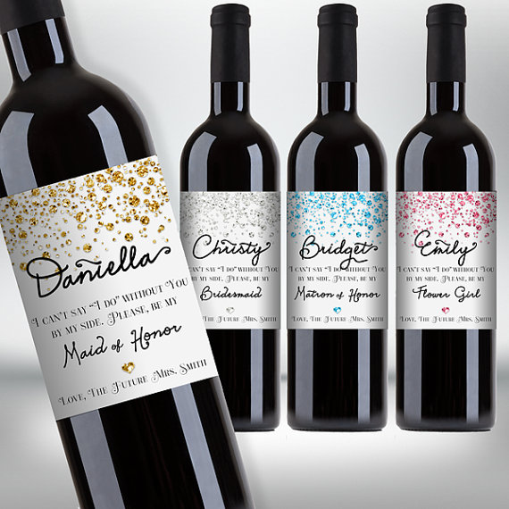 Свадьба - Will You Be My Bridesmaid? Maid of Honor, etc., Wine Bottle Label Proposal, Customized - Confetti Glitters - Printable PDF