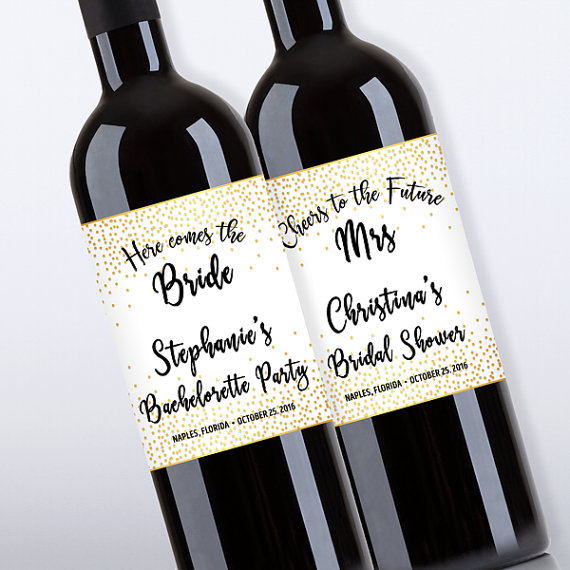 Wedding - Bridal Shower Wine Bottle Labels, Customized - Bachelorette Party, Gold Confetti - DIY Print, Printable PDF