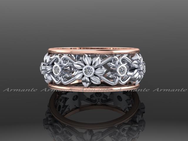 Hochzeit - Unique leaf- Flower Wedding Band, Diamond Band, Engagement Ring, 14K White and Rose Gold,  Wedding Ring, Right Hand Ring, RE00033
