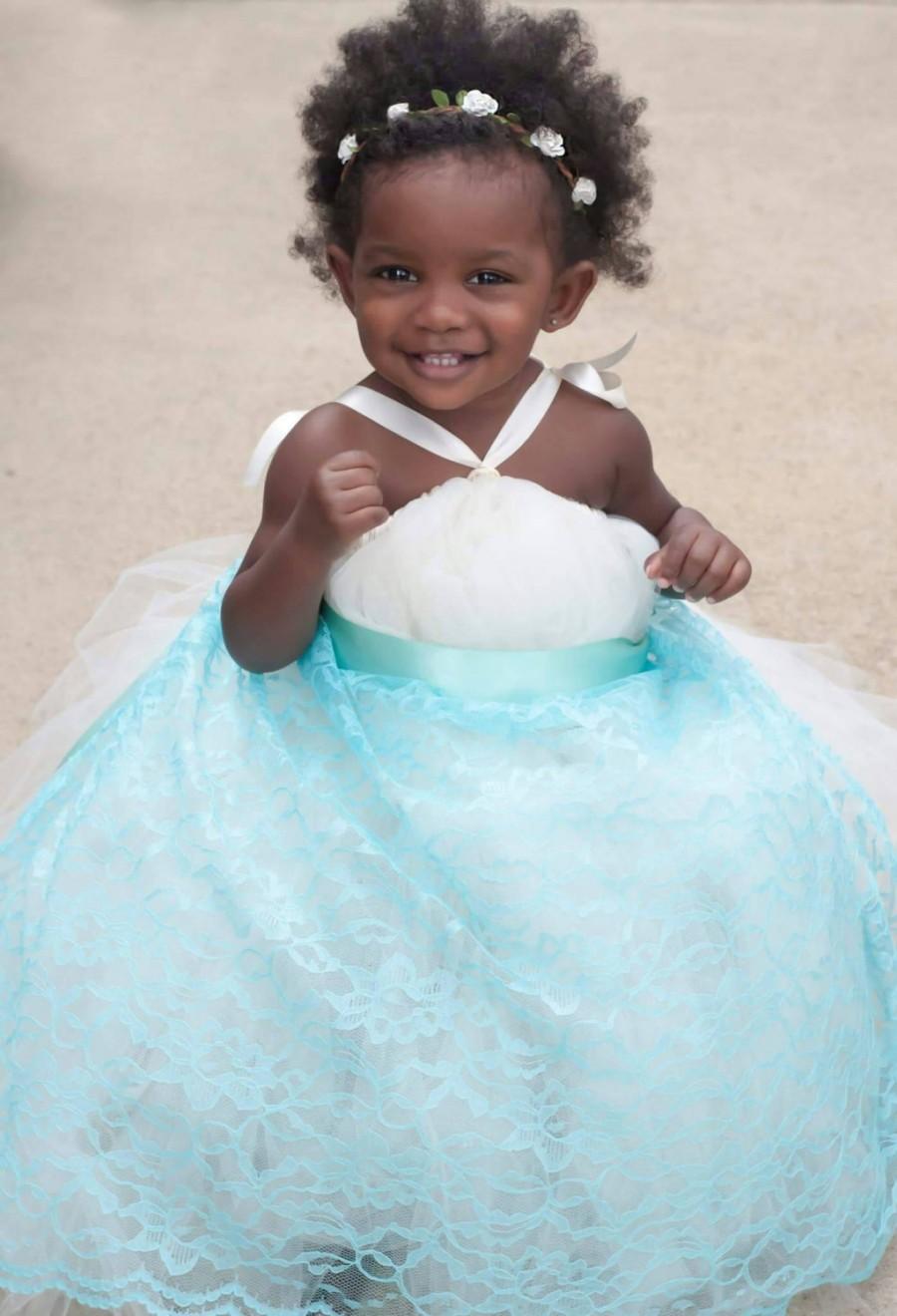 زفاف - Ivory Flower Girl Dress, Flower girl tutu dress, Infant Pageant Dress, Tulle Tutu Dress, Aqua tutu dress, teal dress, baby birthday dress
