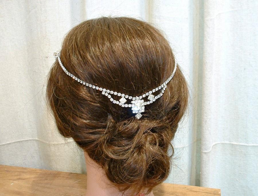 Wedding - OOAK 1920s Bridal Hair Chain, Vintage Rhinestone Wedding Headband, Crystal Back of Head Bohemian Bride Headpiece Gatsby Hair Jewelry 1930s