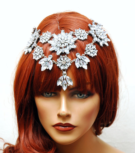 زفاف - Wedding Headpiece, Bridal Hair Chain, Wedding Hair Accessories, Bohemmian Wedding, Crystal Hair Jewelry, Silver Statement Headpiece
