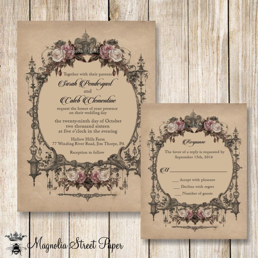Hochzeit - Goth Wedding Invitation, Halloween Wedding Invitations, Printable Vintage Wedding Invite, Vintage Blush Roses Wedding Invitation