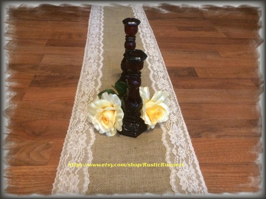 Mariage - Rustic Charm Wedding Burlap and 3 inch Natural lace Rustic table runner size 12 inches wide X 96 inches (8ft) long  Rustic Country party