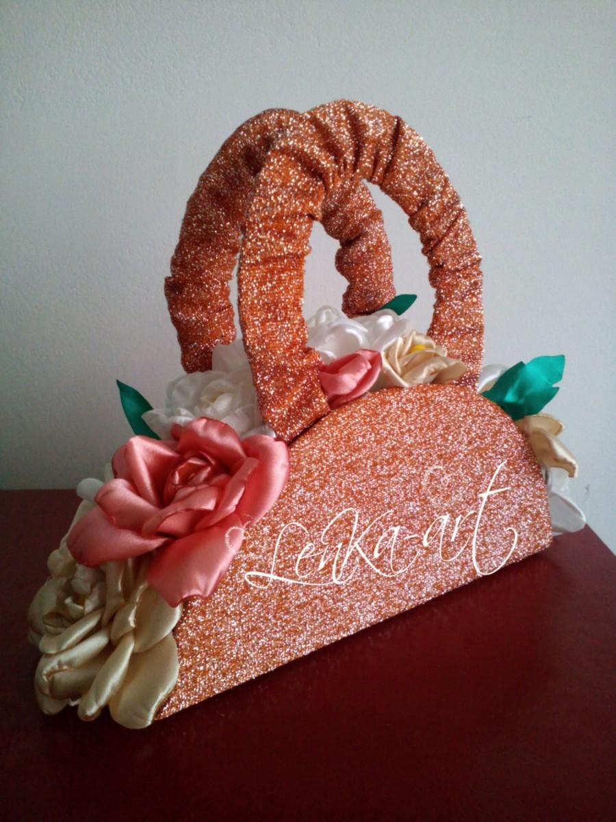 زفاف - Wedding bouquet copper ginger shiny bag decoration with flowers, ecru coffee pink home Decor, Housewife Gift, Wallet Collector