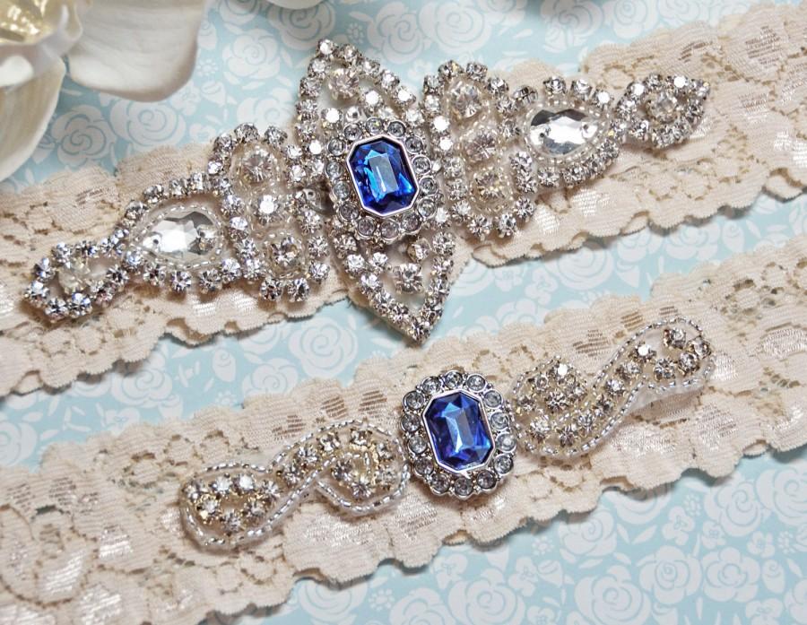 Hochzeit - Wedding Garter, Heirloom Blue Sapphire Crystal Wedding Garter Set on Ivory Stretch Lace , Bridal Garter Set w/  Navy Royal Blue Rhinestone