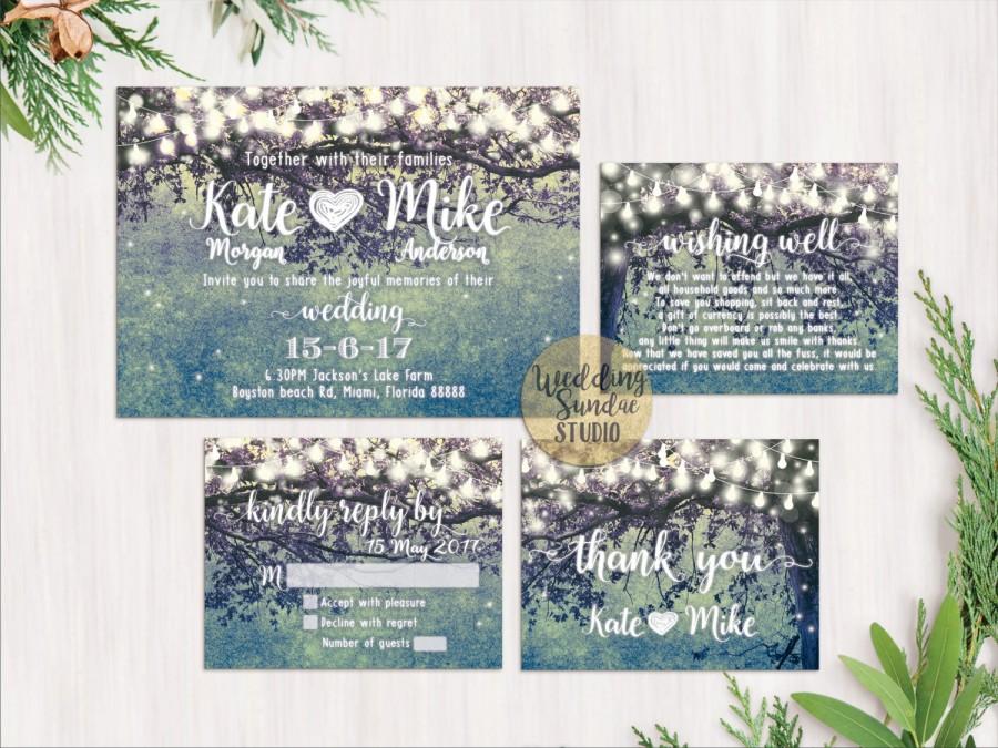 Свадьба - Printed Card - Digital Printable Files - Teal - Romantic Garden and Night Light Wedding Invitation RSVP Thank You Invitation Set - ID210T