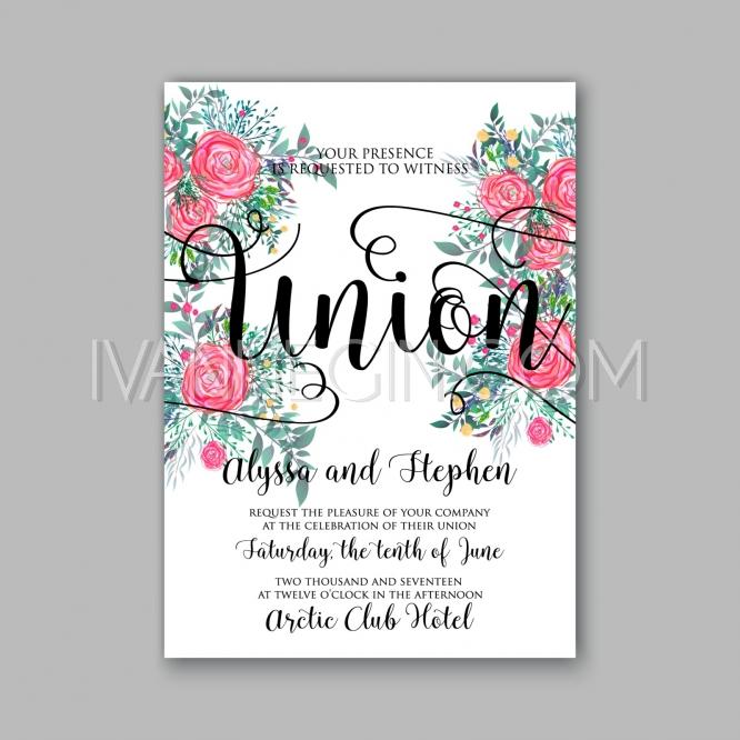 Wedding - Rose wedding invitation printable template with floral wreath or bouquet of rose flower and daisy - Unique vector illustrations, christmas cards, wedding invitations, images and photos by Ivan Negin