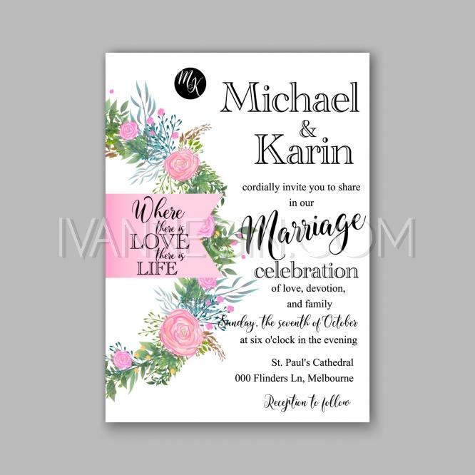 Hochzeit - Rose wedding invitation printable template with floral wreath or bouquet of rose flower and daisy - Unique vector illustrations, christmas cards, wedding invitations, images and photos by Ivan Negin