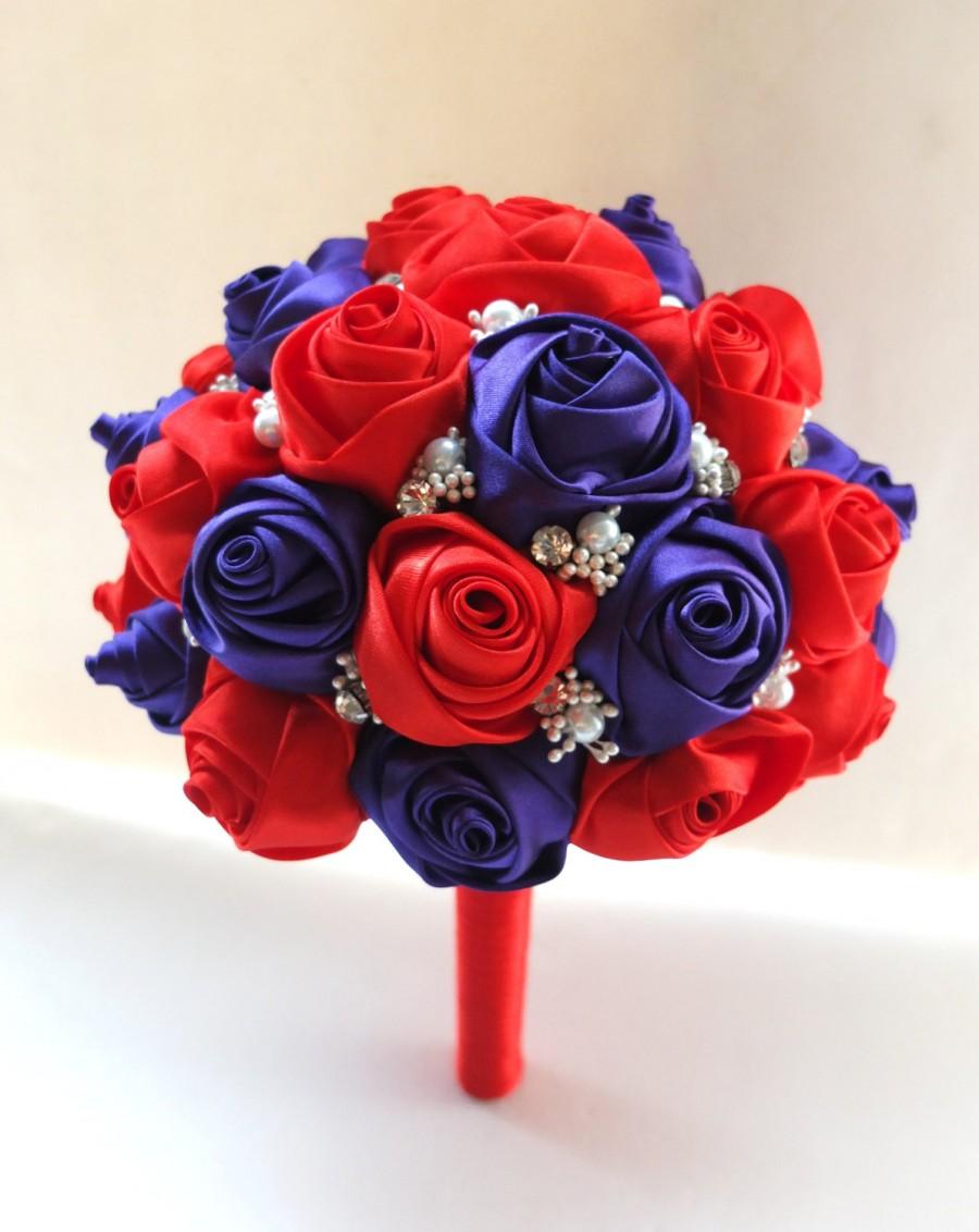 زفاف - Handmade Satin Rose Bouquet- Red and purple satin rose accented with rhinestone (Medium, 7 inch)