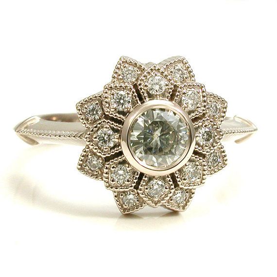 زفاف - Moissanite And Diamond Art Deco Petal Engagement Ring - 14k Palladium White Gold