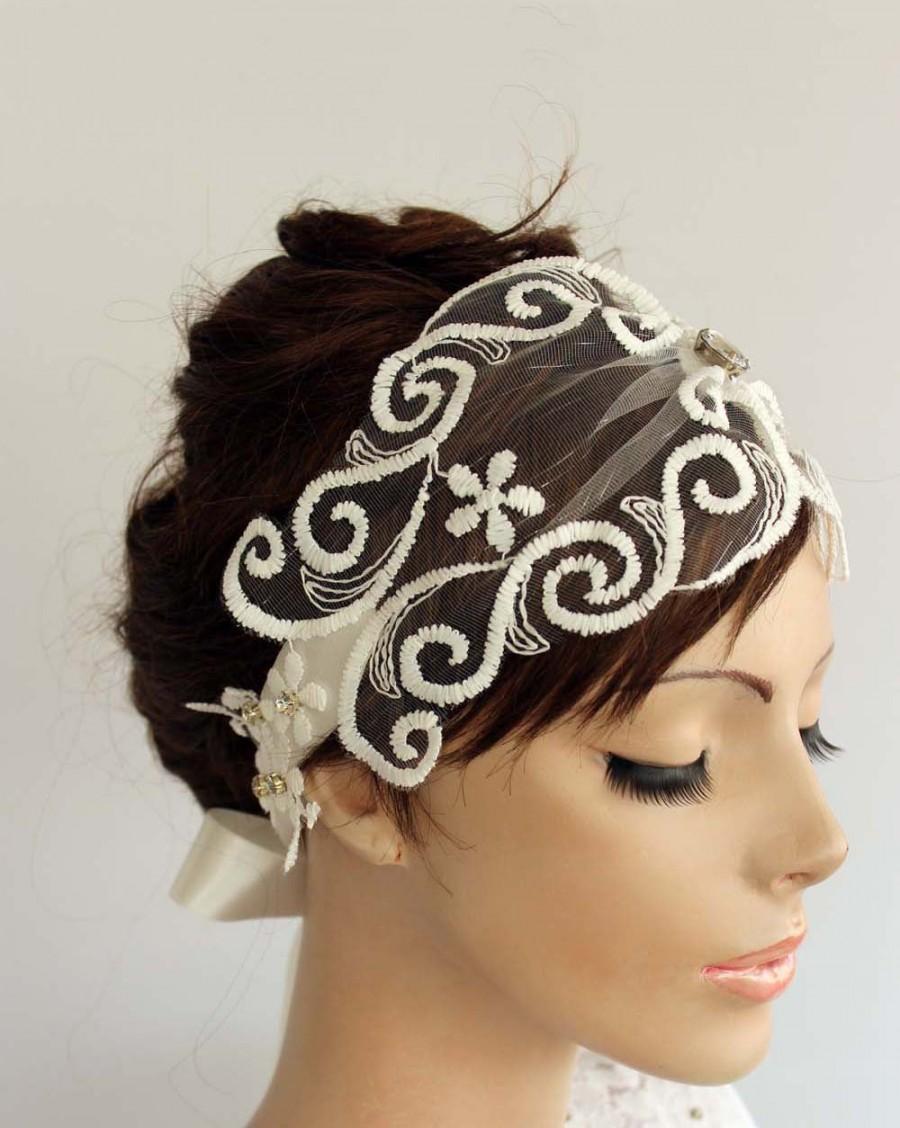 Свадьба - Juliet Cap Veil, Tulle Bridal Hair Fascinator, Delicate Organza Wedding Head Dress Embroidered Lace Designer Headband Rhinestone Accent OOAK