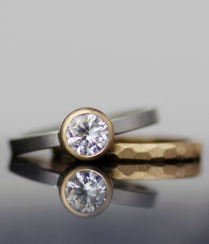 Mariage - modern engagement ring wedding band set, palladium or platinum wedding ring set, women's wedding band, diamond engagement ring, stacking set