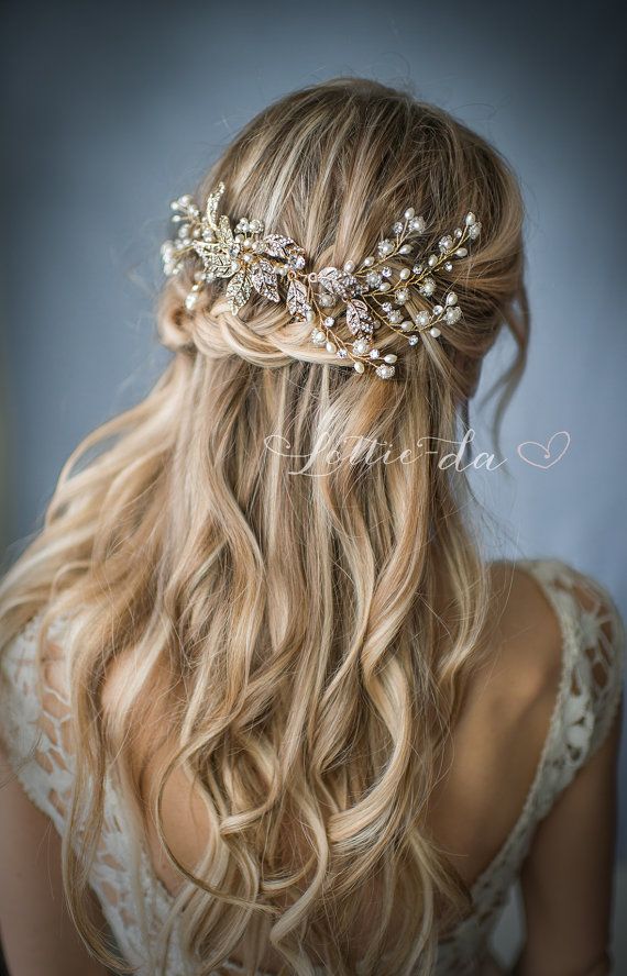 Wedding - Boho Gold Or Silver Flower Leaf Hair Vine Wedding Headpiece, Wire Hair Comb, Wedding Gold Hair Vine Leaves, Boho Headpiece - 'EMMALINE'