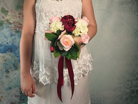 Свадьба - READY to SHIP Silk flowers peony roses hydrangea vintage wedding bouquet blush pink burgundy Flowers satin ribbon, toss
