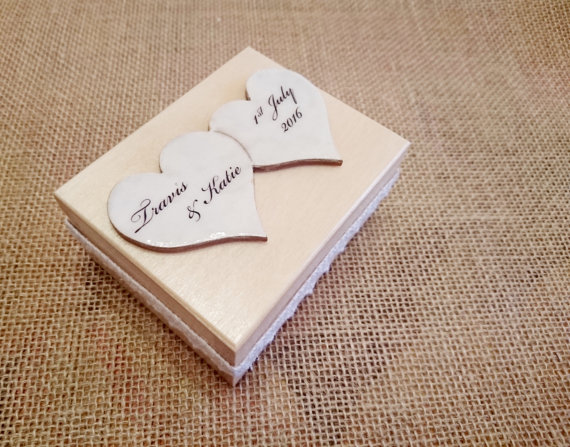 زفاف - Wedding rings box/engagement ring box, wedding pillow rustic cotton lace wooden box natural delicate
