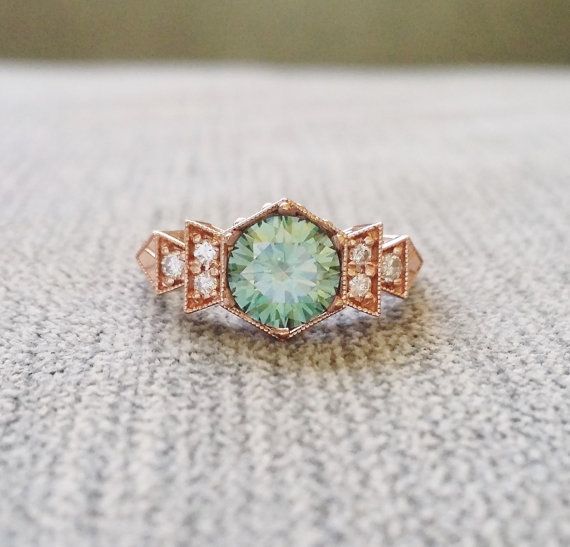 زفاف - Antique Diamond Mint Moissanite Engagement Ring Rose Gold 1920s Copper Gemstone Rustic Bohemian PenelliBelle Green Exclusive "The Florence"