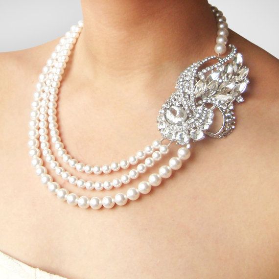 Hochzeit - Art Deco Wedding Necklace, Statement Bridal Necklace, Triple Strand Pearl Bridal Jewelry, Vintage Wedding Necklace, BRIDGETTE