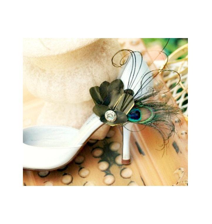 زفاف - Wedding Shoe Clips Peacock & Olive Green Fan. Feathers Teal Turquoise, Bridal Bride Bridesmaid Gift for Her, Statement Mom Mother Mum Day
