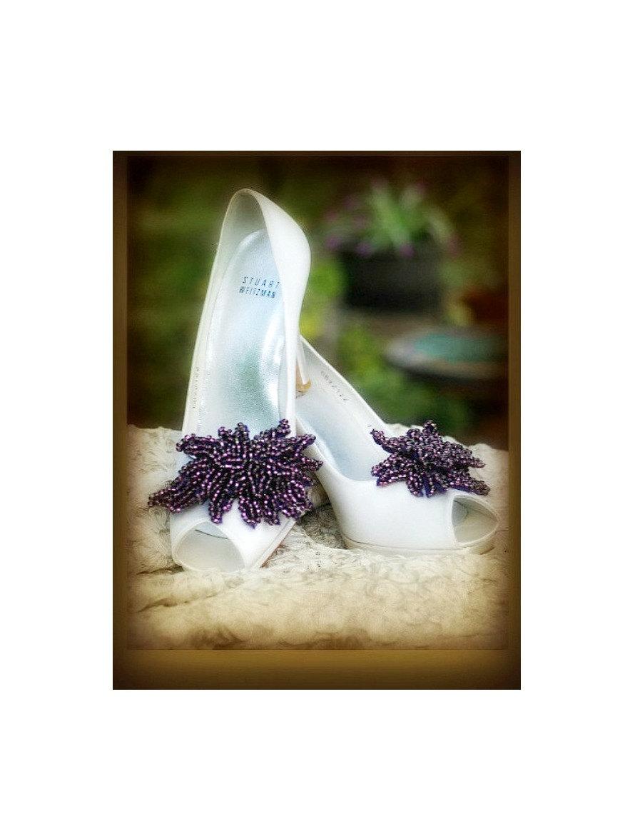 Hochzeit - Aubergine Purple Shoe Clips. Bella Twilight Movie, Handmade Wedding Bride Bridals. Heel Luxe Couture Beading, Statement Gossip Girl Sex City