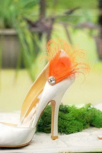 زفاف - Shoe Clips Orange Peacock & Sparkly Rhinestone / Pearl. Statement Haute Couture. Green Purple Turquoise Blue. Bride Bridal Wedding Accessory