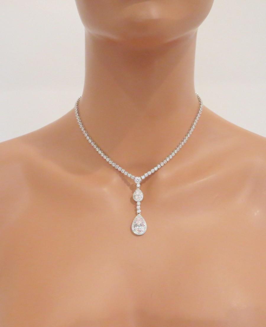Hochzeit - Teardrop Bridal necklace, Crystal Bridal earrings, Wedding jewelry set, Wedding necklace and earrings, Tennis necklace, Teardrop earrings