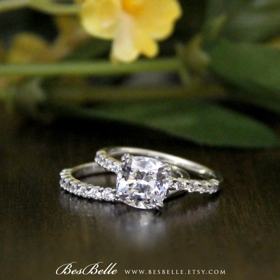 Свадьба - 3.60 ct.tw Bridal Set Ring-Cushion Cut Diamond Simulants-Engagement Ring-Eternity Band Ring-Wedding Band Ring-Solid Sterling Silver [9113-2]
