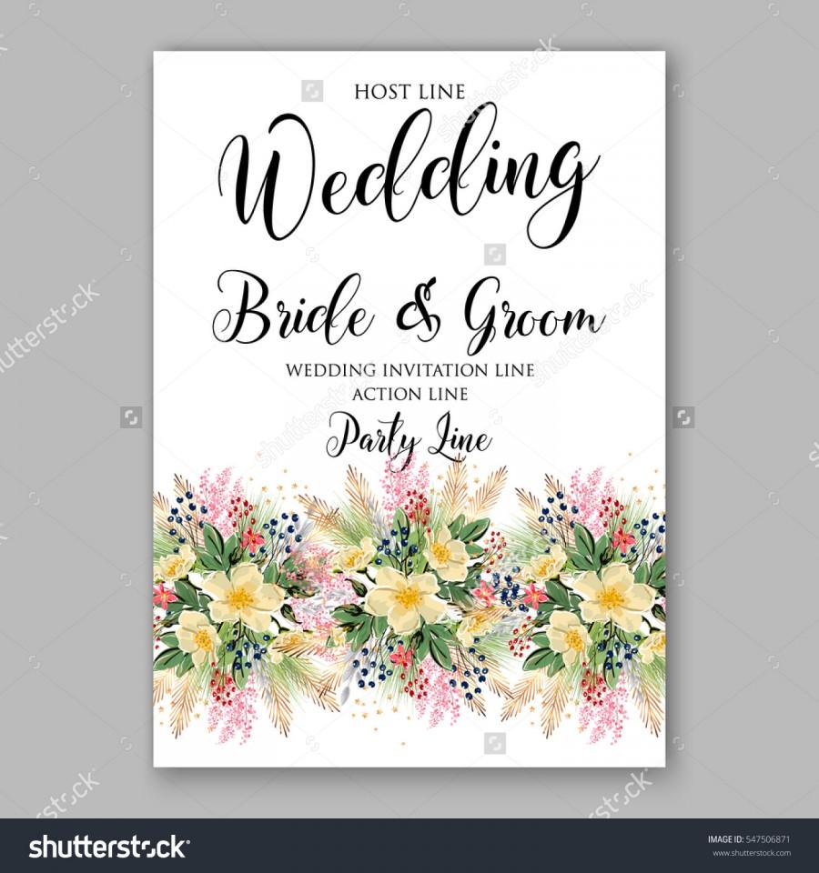زفاف - Anemone Wedding Invitation Floral Bridal Wreath with pink flowers , fir, pine branches, wild Privet Berry, vector floral illustration in vintage watercolor style