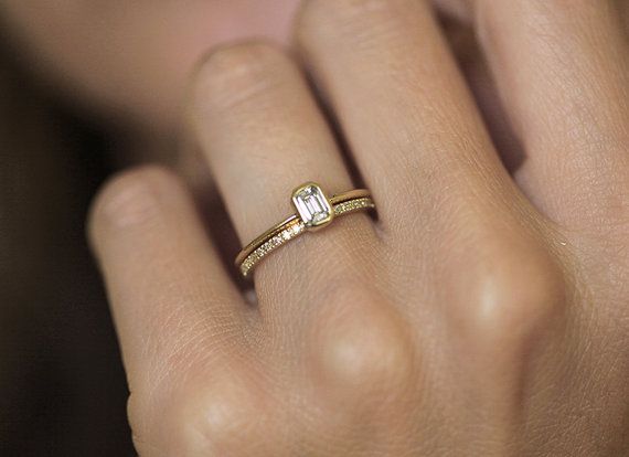 زفاف - Diamond Ring Engagement, Emerald Diamond Engagement Ring With A Pave Diamond Eternity Ring, Wedding Set, 18k Solid Gold Diamond Ring Set