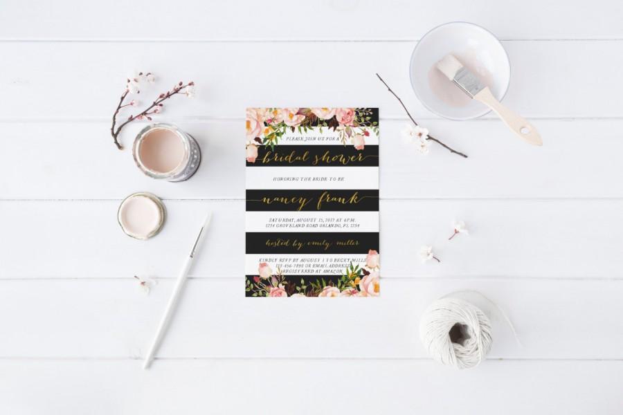 Mariage - Black and White Stripe Gold Floral Boho Bridal Shower Invitation Wedding Party Invitation Hens Party Bachelorette Party Invite Printable