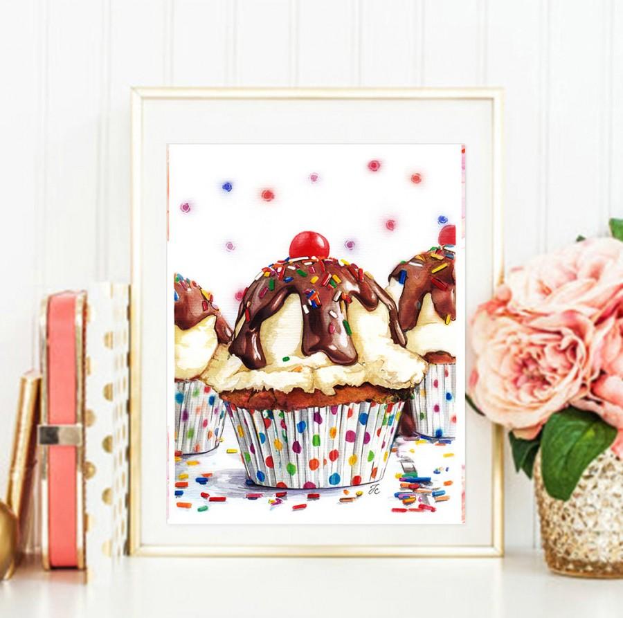 Свадьба - Cupcake illustration, cupcake art, food art, food illustration, food print,birthday print,food drawing,fashion illustration, watercolor food