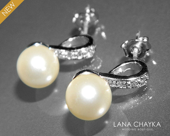 Mariage - Ivory Pearl Bridal Earrings Small Pearl CZ Earring Studs Swarovski 8mm Pearl Sterling Silver Posts Earrings Wedding Jewelry Bridal Jewelry